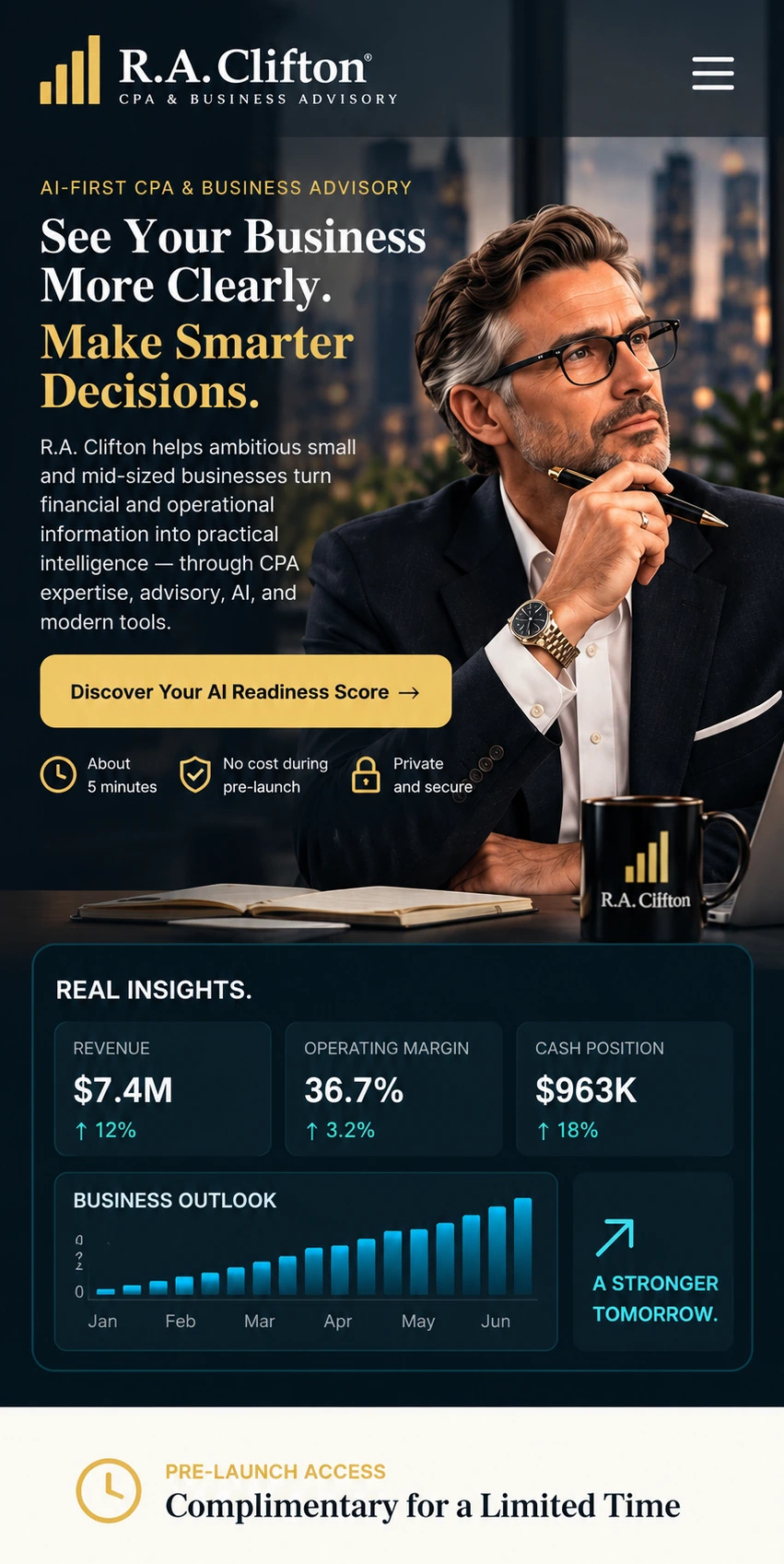 Approved mobile R.A. Clifton hero with executive, CTA, trust indicators, and dashboard below the portrait
